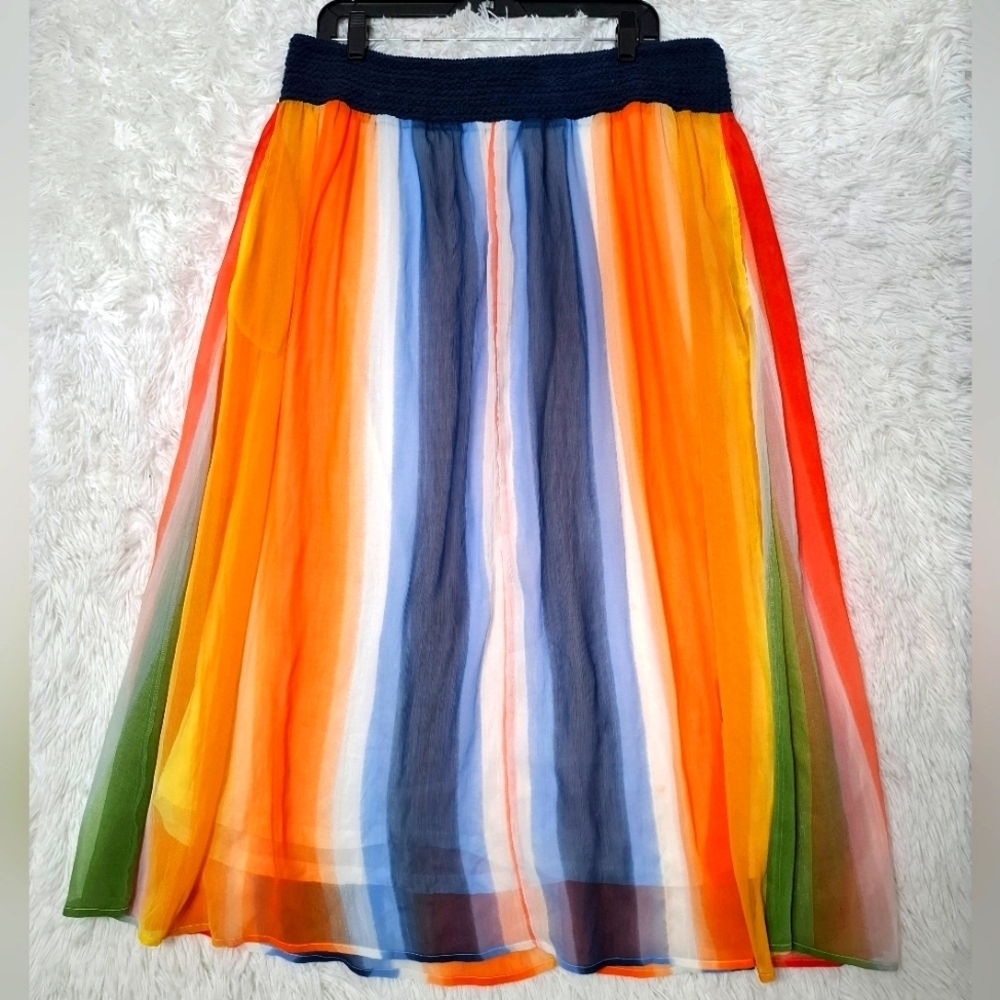 Soft Surroundings Striped Rainbow Chiffon Midi Skirt Pockets Boho Size PXL